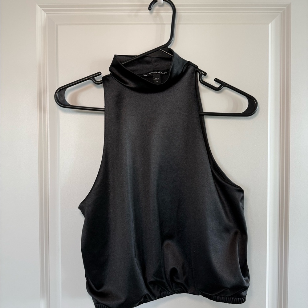 Express Sleeveless Satin Mock Neck Tank Top - Black
